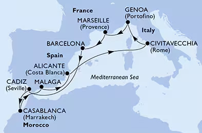 Itinerario cruceros MSC MAGNIFICA del Mediterráneo al Atlántico Diciembre 2026